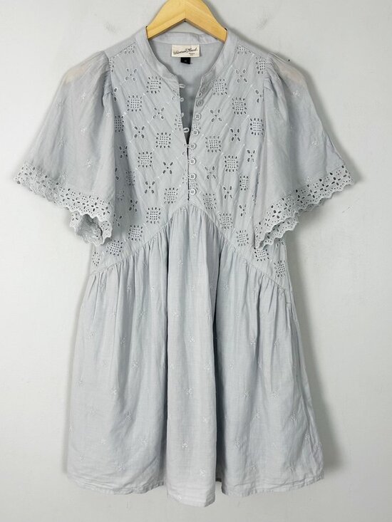Women's Babydoll Eyelet Swing Dress Gray Embroidered Lace Trim Size XS - Picture 2 of 5